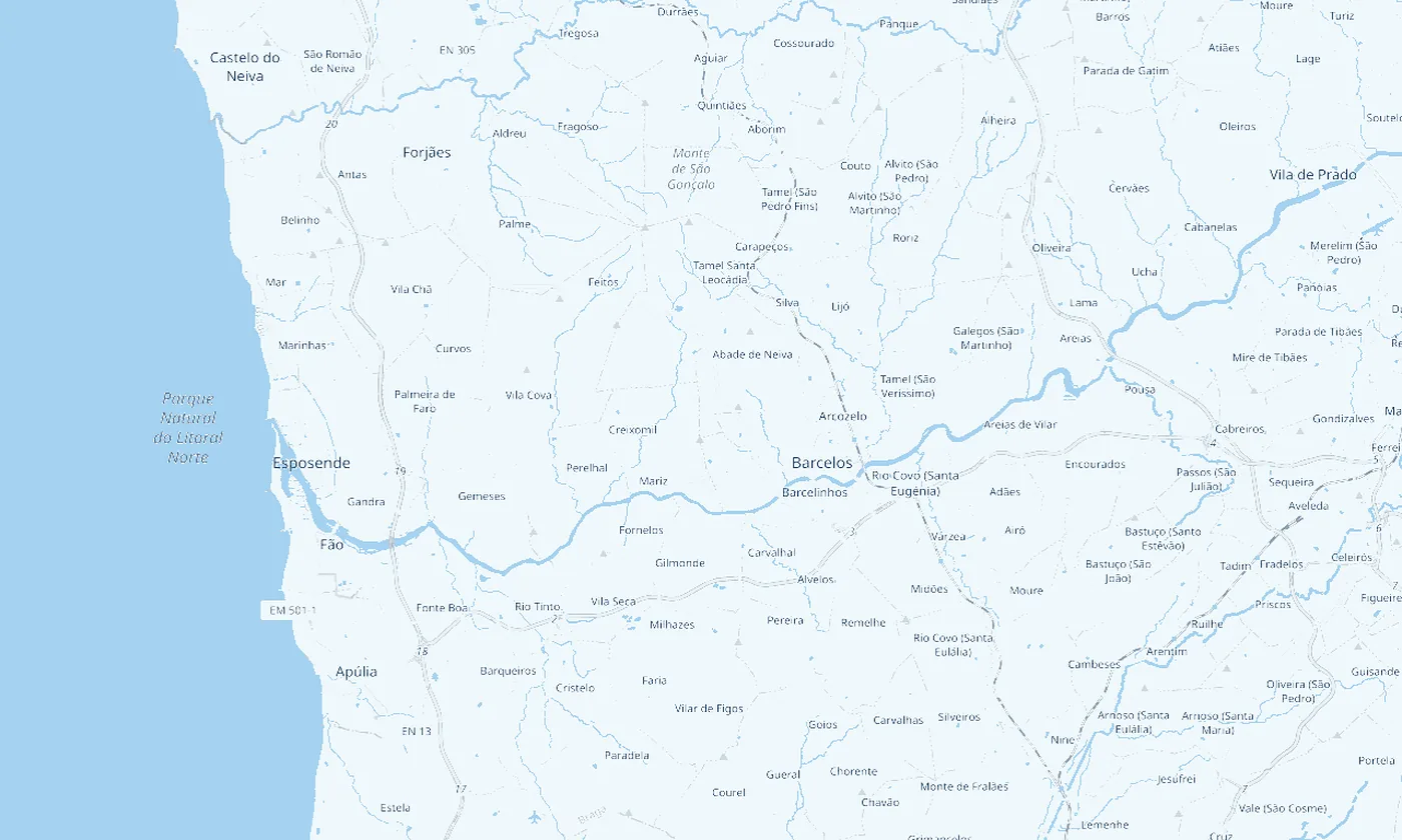 Mapa da região de Barcelos, entre Braga e a costa